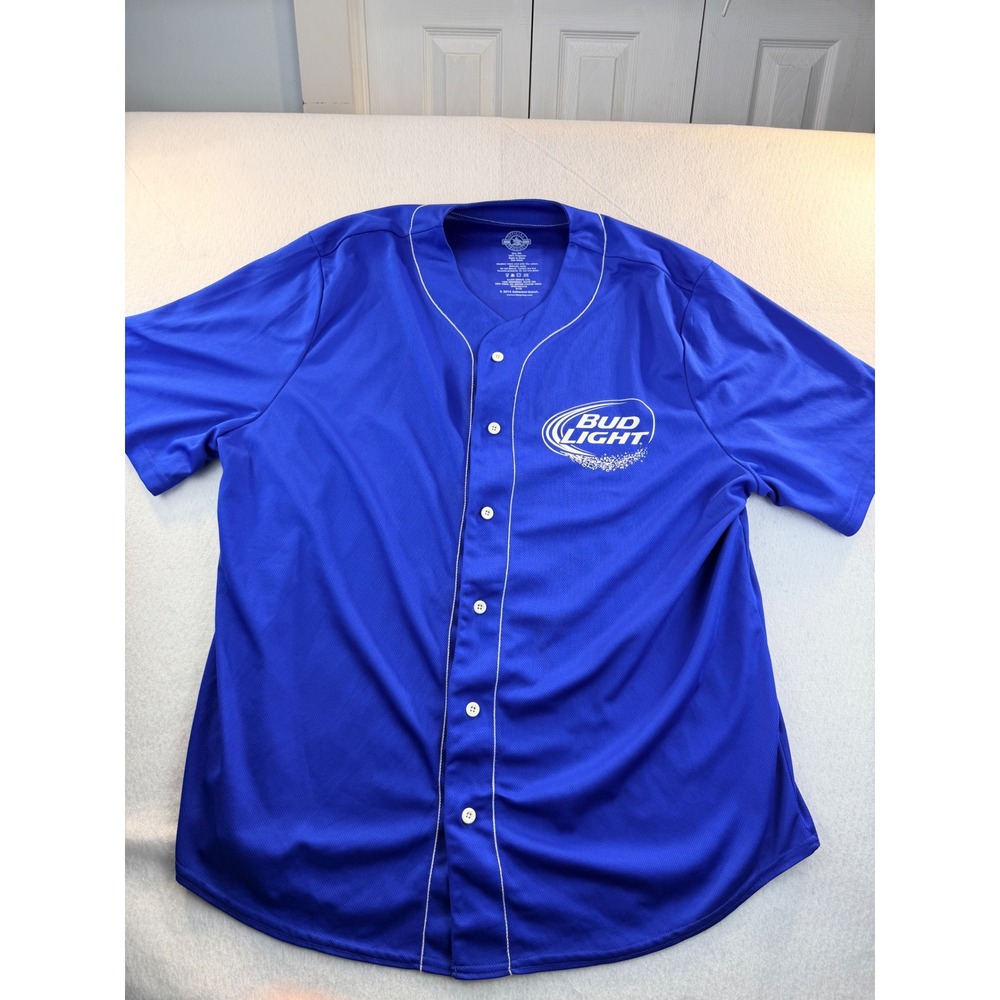 Bud Light Baseball Jersey Mens 2XL Blue Button Front 00 Graphic Short Sleeve